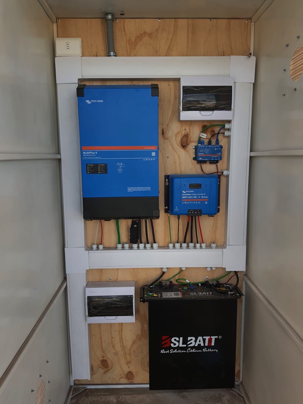 Sistema fotovoltaico híbrido con inversor, controlador y banco de baterías